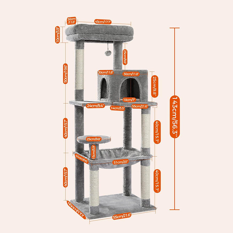 HKM-8908349 Plus-sized Cat Climbing Frame with Integrated Nest and Hammock in Dark and Light Gray - Durable and Stable Design