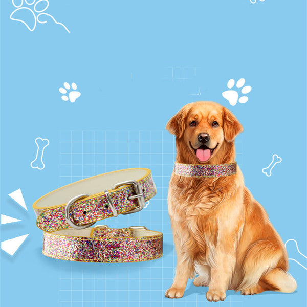 HKM-8910141 Stylish Gold PU Pet Collar with Shiny Glitter Design for Cats and Dogs