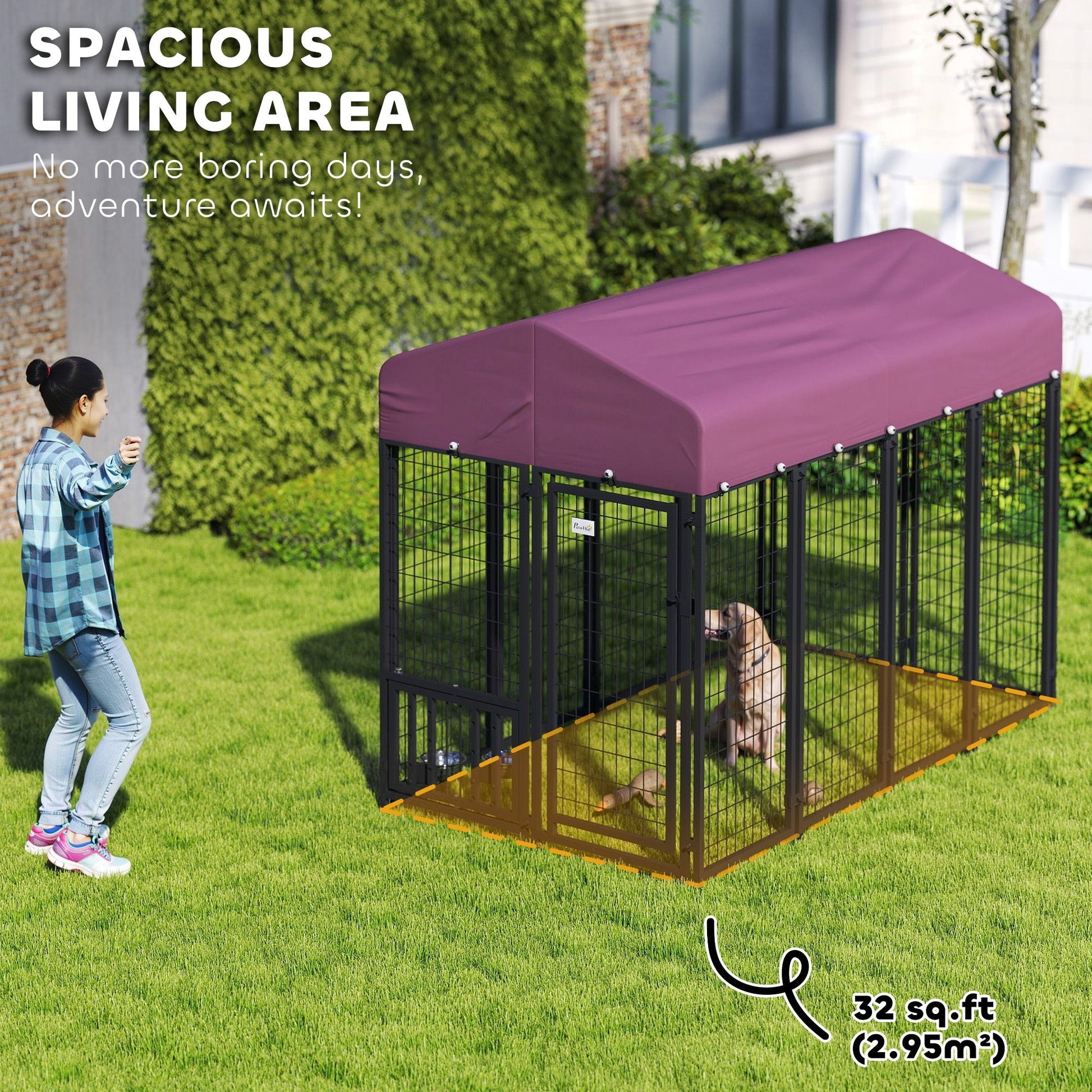 HKM-8911805 Outdoor Dog Kennel with Adjustable Bowls & Waterproof Cover, 7.9 X 4 X 6 Feet
