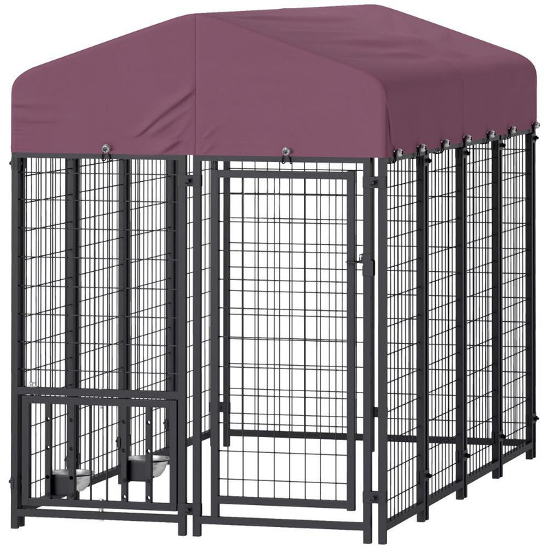 HKM-8911805 Outdoor Dog Kennel with Adjustable Bowls & Waterproof Cover, 7.9 X 4 X 6 Feet