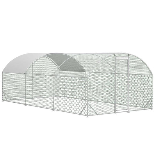 HKM-891603 Spacious Large Metal Chicken Coop with Waterproof Anti-UV Cover, Walk-In Chicken Run for Outdoor Use - 9.84 x 19.68 x 6.56 Ft