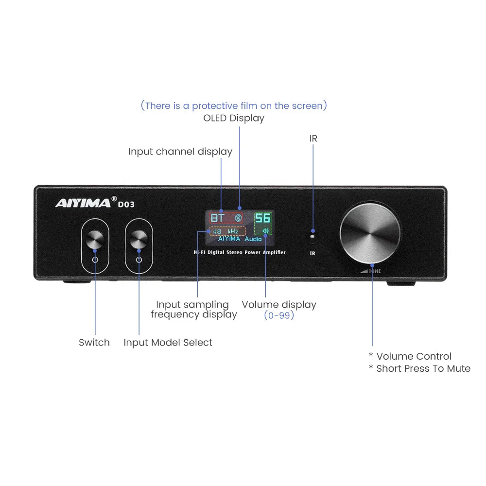 HKM-891795 150W Dual-Channel Bluetooth HiFi Amplifier with USB DAC and OLED Display for 2.1 Home Theatre System