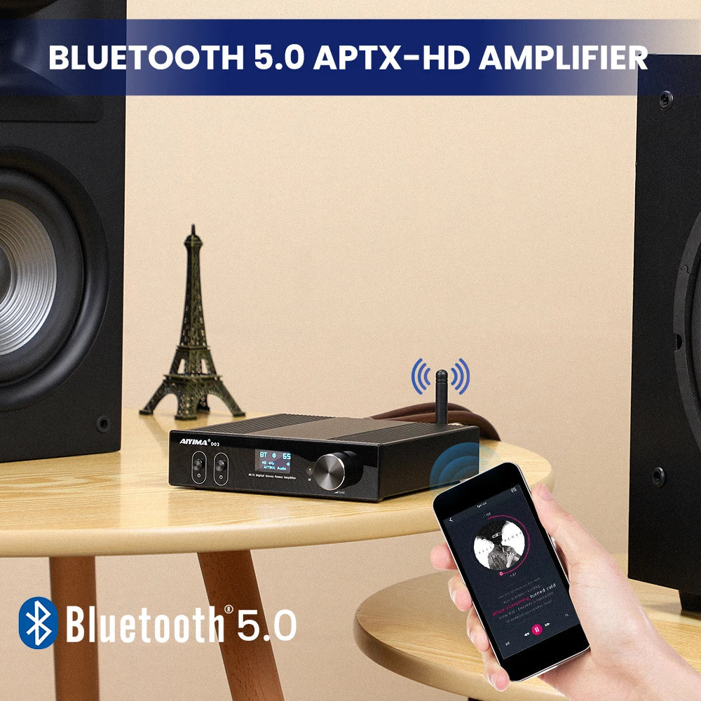 HKM-891795 150W Dual-Channel Bluetooth HiFi Amplifier with USB DAC and OLED Display for 2.1 Home Theatre System