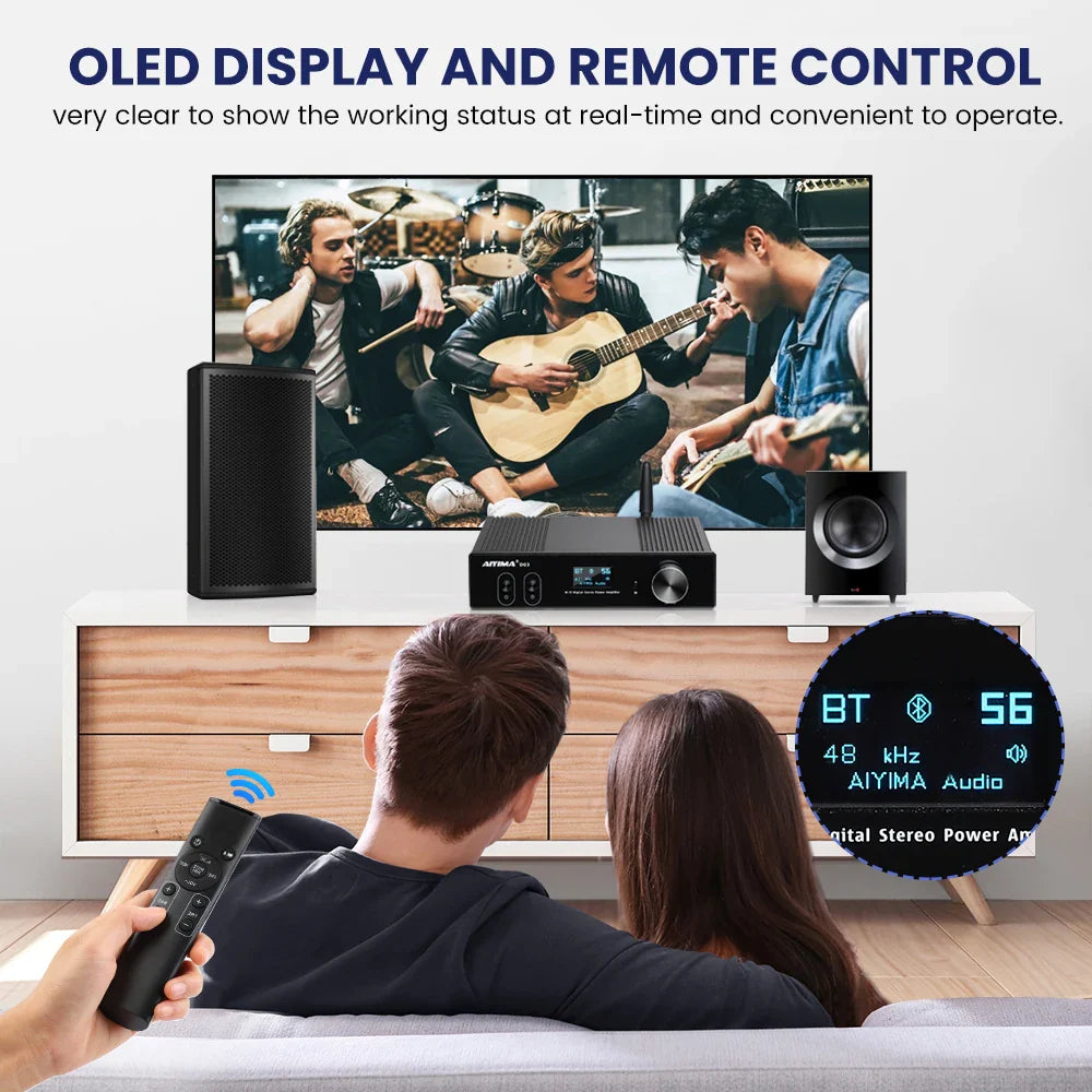 HKM-891795 150W Dual-Channel Bluetooth HiFi Amplifier with USB DAC and OLED Display for 2.1 Home Theatre System
