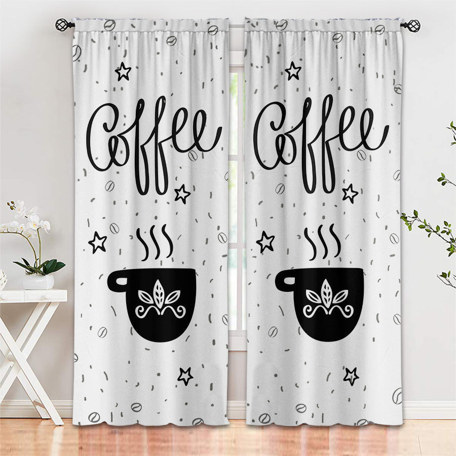 HKM-891987 Black and White Cartoon Coffee Painting Digital Print Curtain Set - Available in Various Sizes
