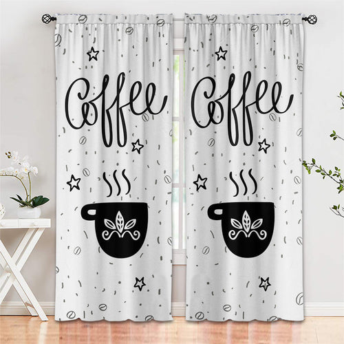 HKM-891987 Black and White Cartoon Coffee Painting Digital Print Curtain Set - Available in Various Sizes