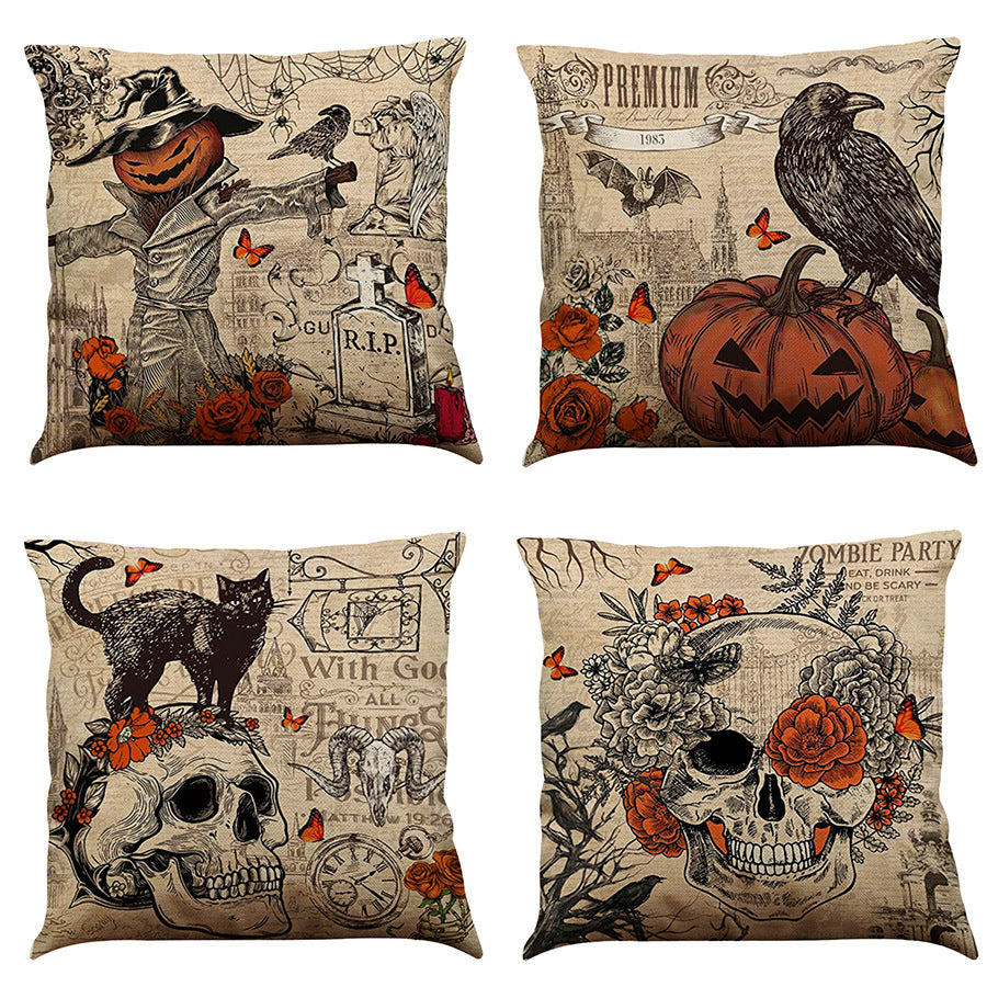 HKM-891987 Halloween Cotton Linen Cushion Cover - 45x45 Super Soft Pillowcase in Festive Colors