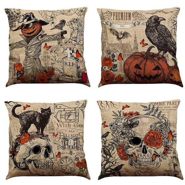 HKM-891987 Halloween Cotton Linen Cushion Cover - 45x45 Super Soft Pillowcase in Festive Colors