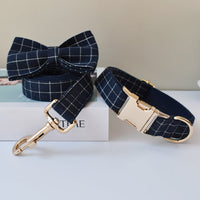 HKM-892307 Navy Blue Plaid Dog Collar with Gold Alloy Buckle – Fashionable and Simple Design
