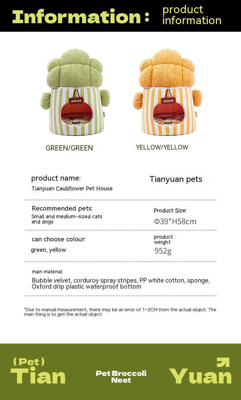 HKM-8923709 Cat Nest in Green and Orange Cauliflower Design, Soft Cloth Bed for Cats