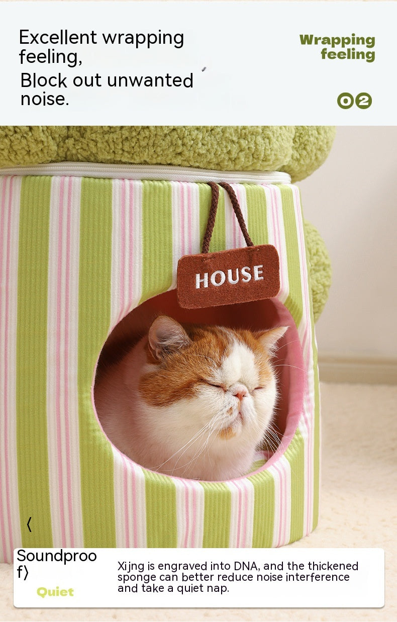 HKM-8923709 Cat Nest in Green and Orange Cauliflower Design, Soft Cloth Bed for Cats