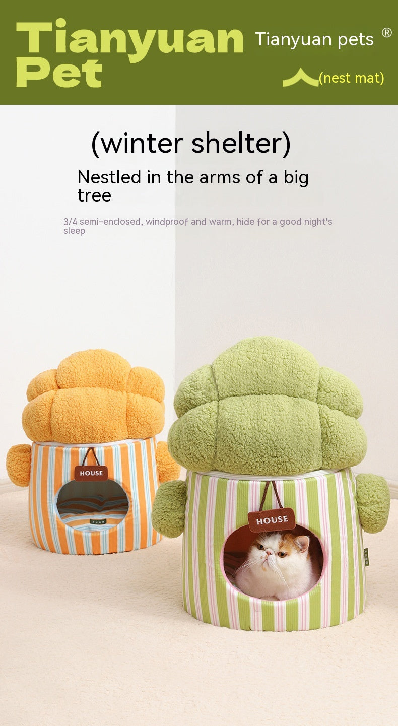 HKM-8923709 Cat Nest in Green and Orange Cauliflower Design, Soft Cloth Bed for Cats