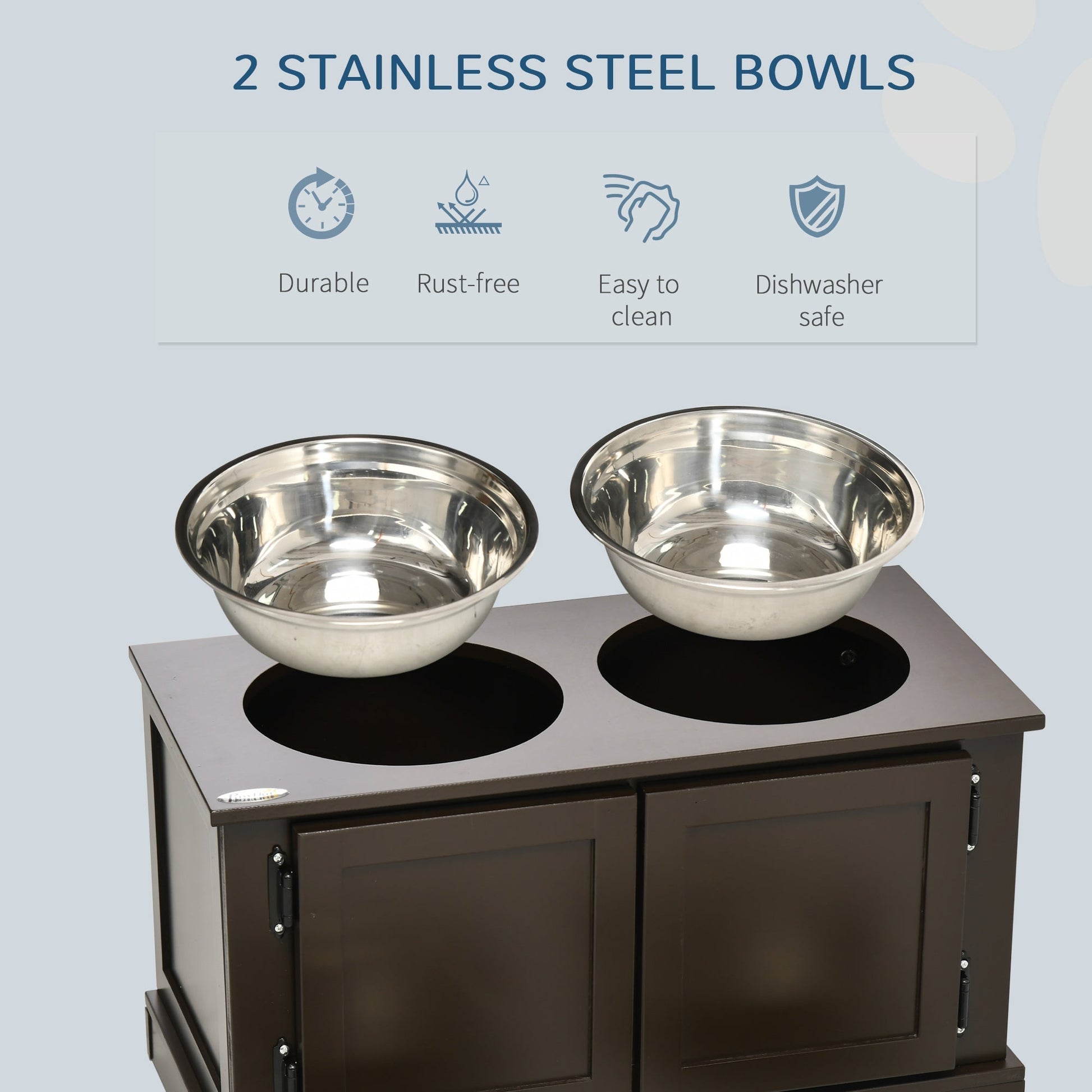 HKM-8925629 Elevated Dog Bowl with Storage for Large Dogs, Two Stainless Steel Bowls, Coffee