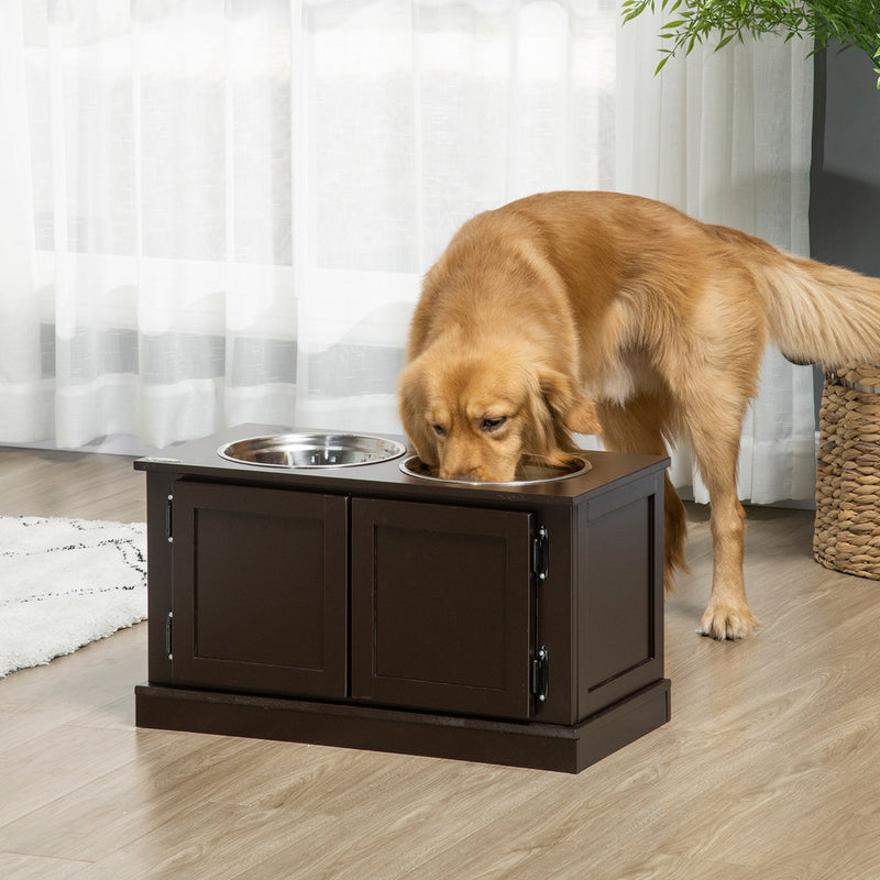 HKM-8925629 Elevated Dog Bowl with Storage for Large Dogs, Two Stainless Steel Bowls, Coffee