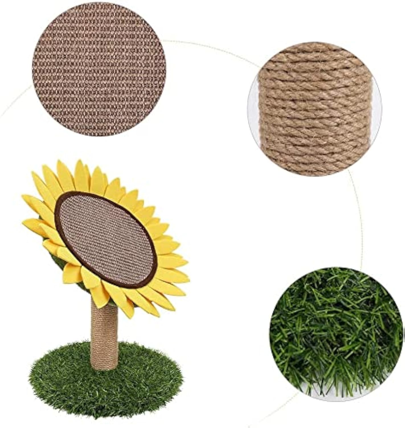 HKM-8926909 Sunflower Cat Scratching Post with Sisal-Covered Claw Scratcher and Artificial Grass Base