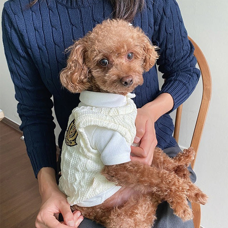 HKM-8927421 Blue and White Wool Two-Piece Dog Sweater Set for Small Dogs and Puppies