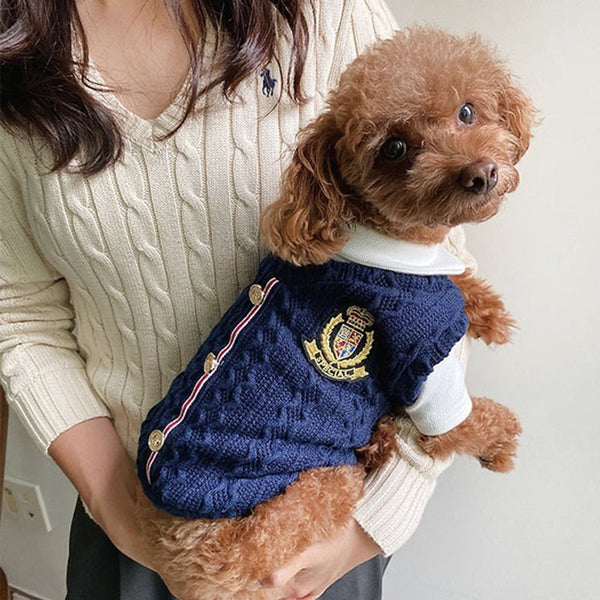 HKM-8927421 Blue and White Wool Two-Piece Dog Sweater Set for Small Dogs and Puppies