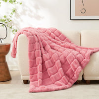 HKM-892755 Soft Plush Striped Blanket and Pillowcase Set in Beige and Gray