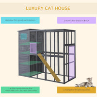 HKM-8929469 Extra Large 4-Story Gray Wooden Outdoor Catio with Ramps and Windows for Cats