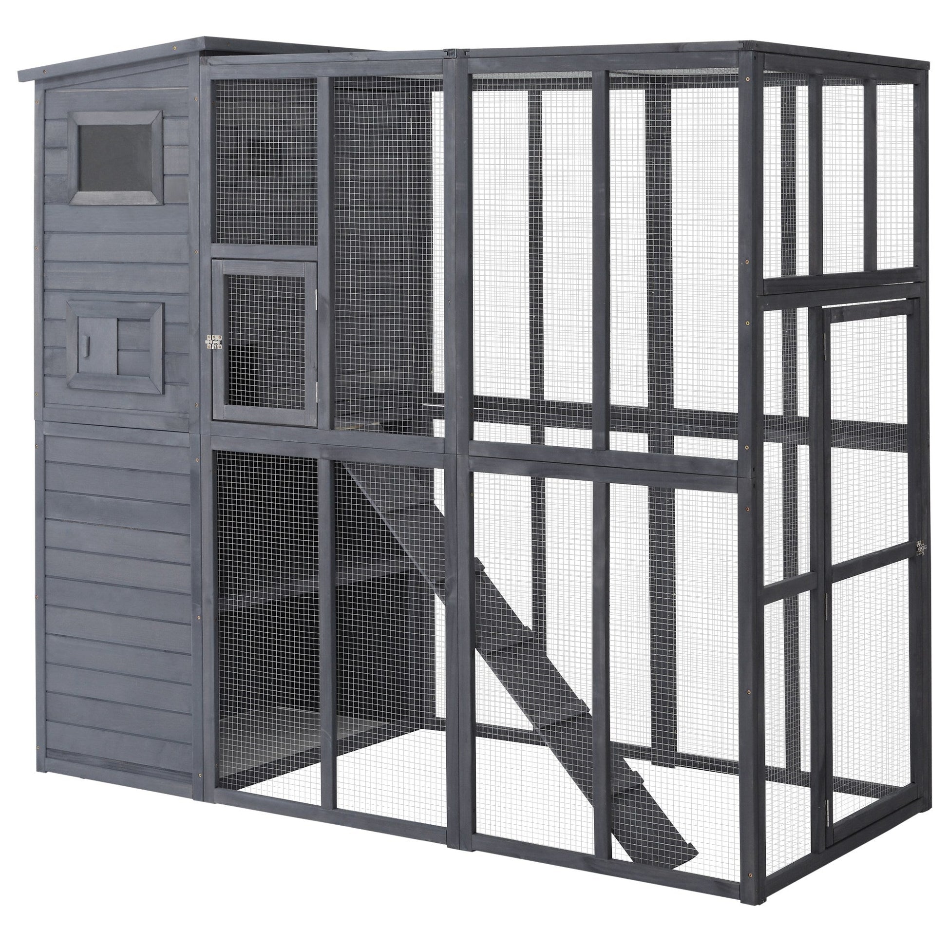 HKM-8929469 Extra Large 4-Story Gray Wooden Outdoor Catio with Ramps and Windows for Cats