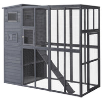 HKM-8929469 Extra Large 4-Story Gray Wooden Outdoor Catio with Ramps and Windows for Cats