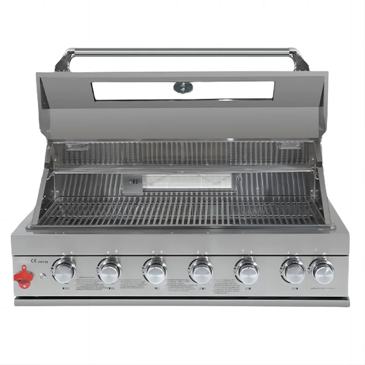 HKM-892947 Movable Outdoor Kitchen 6-Burner Gas BBQ Grill with 304 Stainless Steel Table Top and Built-In Features