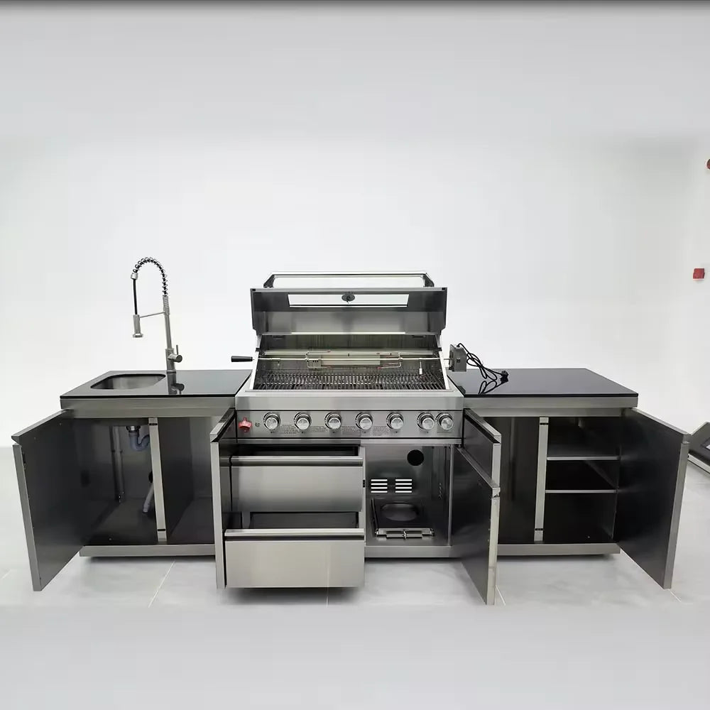 HKM-892947 Movable Outdoor Kitchen 6-Burner Gas BBQ Grill with 304 Stainless Steel Table Top and Built-In Features