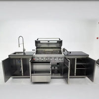 HKM-892947 Movable Outdoor Kitchen 6-Burner Gas BBQ Grill with 304 Stainless Steel Table Top and Built-In Features