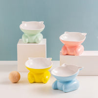 HKM-8935357 Ceramic Cat Bowl Set in Sky Blue, Pink, Yellow, and Light Green ¨C Perfect for Food, Water, and Snacks