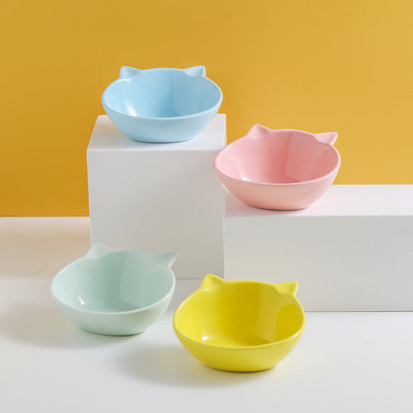 HKM-8935357 Ceramic Cat Bowl Set in Sky Blue, Pink, Yellow, and Light Green ¨C Perfect for Food, Water, and Snacks