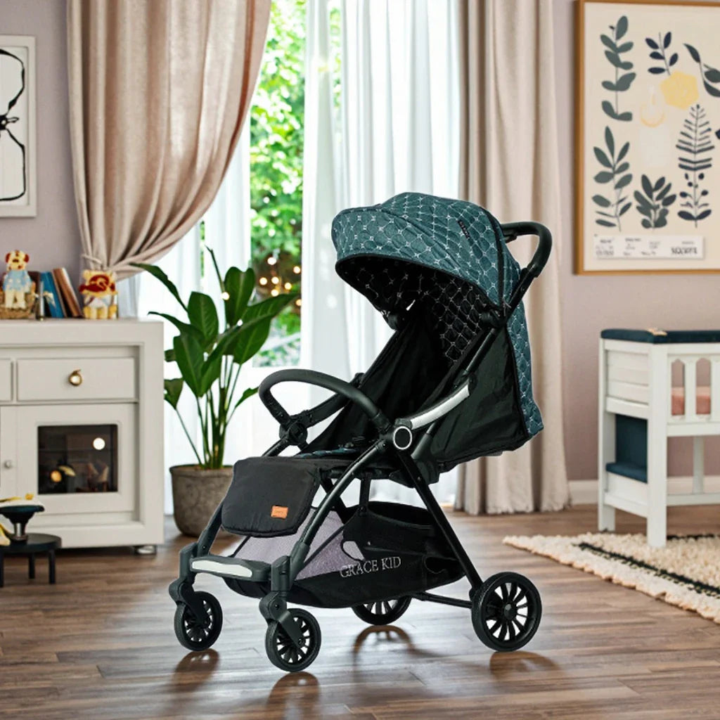 HKM-893779 Quilted Green Baby Stroller with EVA Wheels, Footrests, and Cup Holder