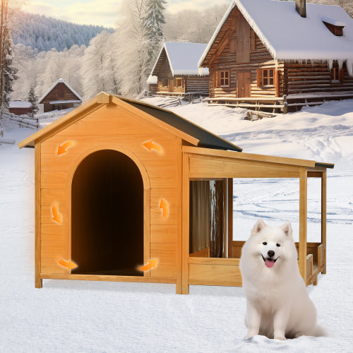 HKM-8938813 Large Insulated Outdoor Dog House with Porch and Elevated Floor for Medium & Large Breeds