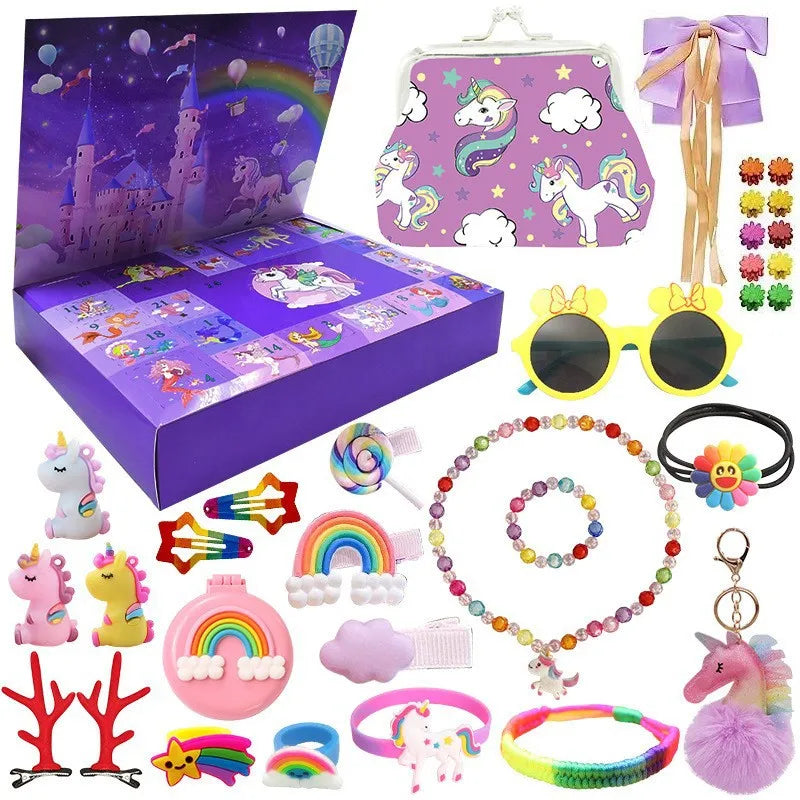 HKM-894163 Unicorn Themed Christmas Countdown Advent Calendar Box with Jewelry, Makeup, and Toy Sets