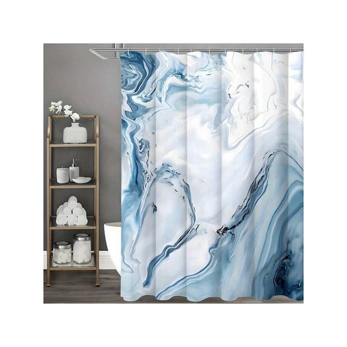 HKM-894291 Blue Marble Modern Shower Curtain with Coordinating Bath Mat and Floor Cover Set, 180x180 cm