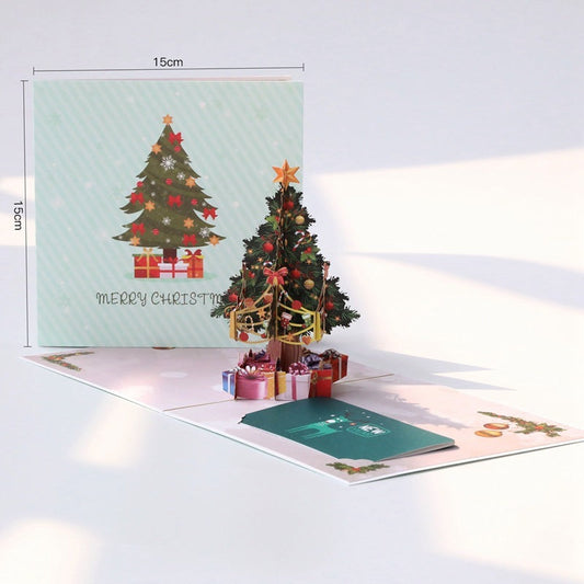 HKM-894355 Three-Dimensional Hollow Carved Christmas Tree Greeting Card - 15x15cm