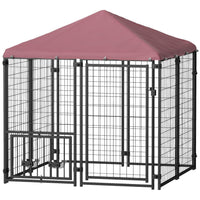 HKM-8944573 Spacious Welded Wire Outdoor Dog Kennel with Rotating Bowl Holder and Waterproof Cover - 4.6 X 4.6 X 5 ft
