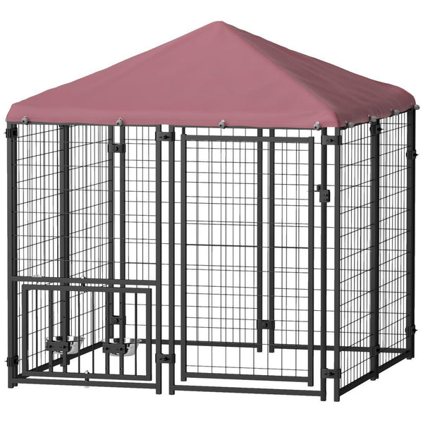 HKM-8944573 Spacious Welded Wire Outdoor Dog Kennel with Rotating Bowl Holder and Waterproof Cover - 4.6 X 4.6 X 5 ft