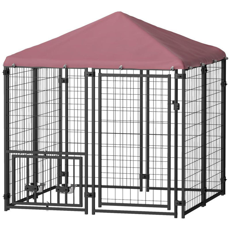 HKM-8944573 Spacious Welded Wire Outdoor Dog Kennel with Rotating Bowl Holder and Waterproof Cover - 4.6 X 4.6 X 5 ft