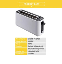 HKM-894483 2-Slice Smokeless Electric Toaster - 900W Long Slot Design for Efficient Toasting in Home Kitchens