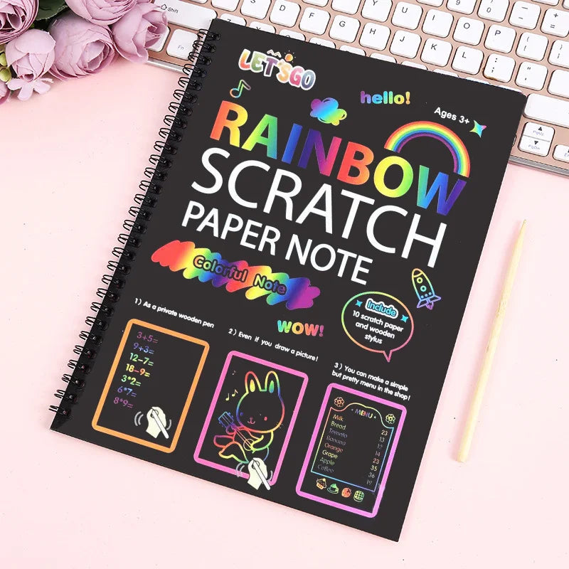 HKM-894867 DIY Rainbow Scratch Paper Set for Kids with Bamboo Sticks - Creative Scratch Art Books