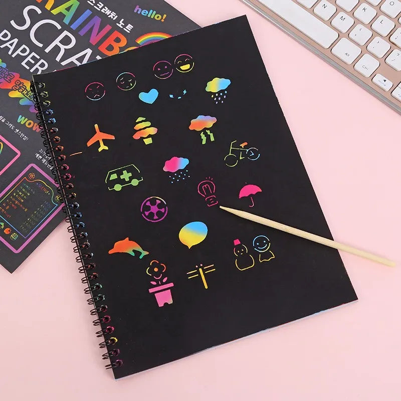 HKM-894867 DIY Rainbow Scratch Paper Set for Kids with Bamboo Sticks - Creative Scratch Art Books