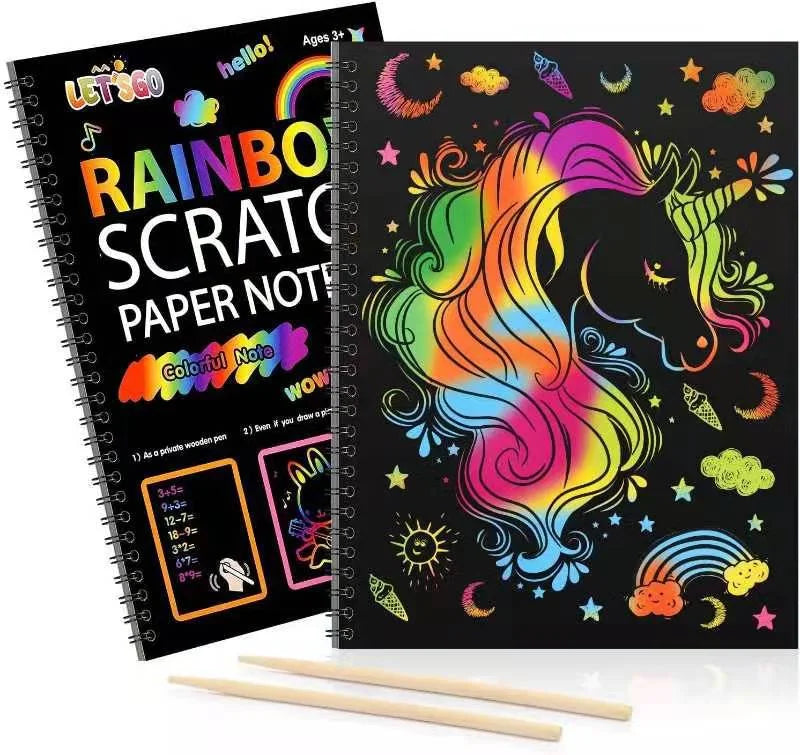 HKM-894867 DIY Rainbow Scratch Paper Set for Kids with Bamboo Sticks - Creative Scratch Art Books