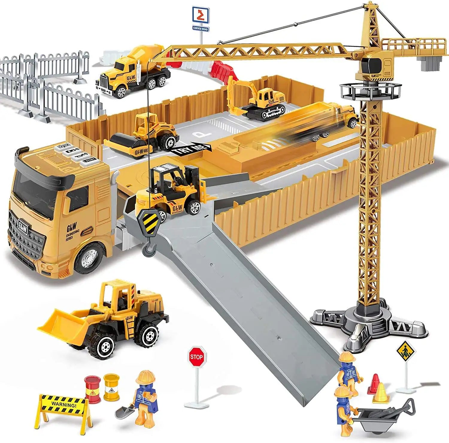HKM-894995 Inertia Alloy Diecast Transport Trailer Truck Toy Set for Kids, 1:14 Scale Metal Engineering Vehicle, Ages 3+