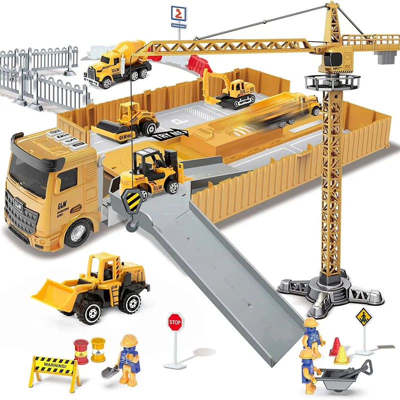 HKM-894995 Inertia Alloy Diecast Transport Trailer Truck Toy Set for Kids, 1:14 Scale Metal Engineering Vehicle, Ages 3+