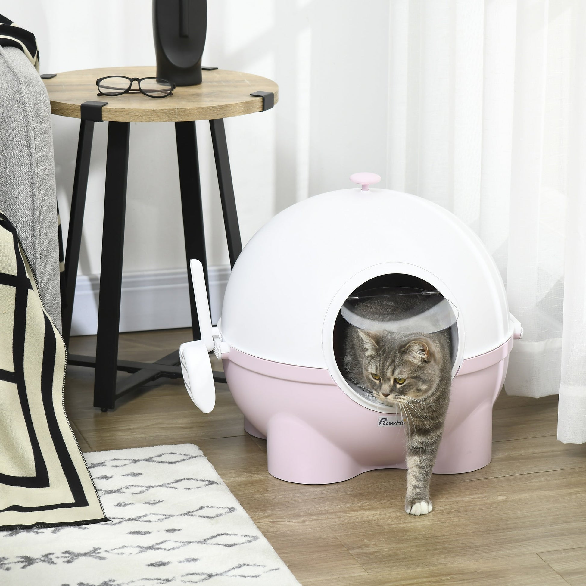 HKM-8957885 Large Hooded Cat Litter Box with Lid and Scoop - Light Pink, Enclosed Design for Privacy and Odor Control