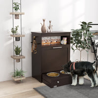 HKM-8958397 Pet Feeder Storage Cabinet with Removable Bowls and Leash Hooks, Gray MDF Construction