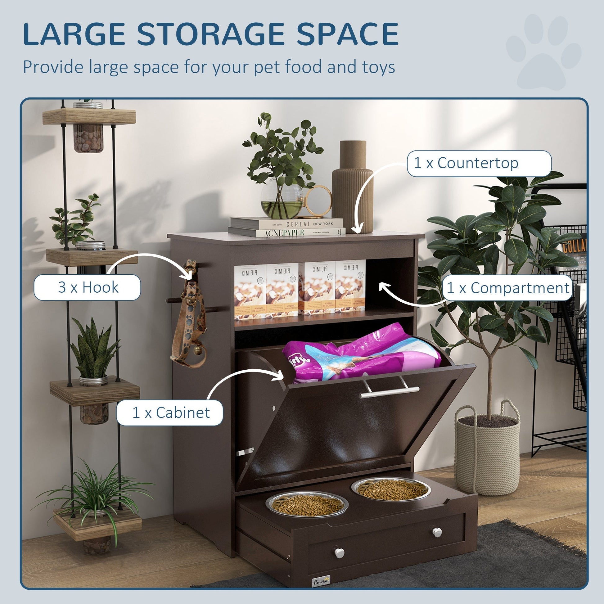 HKM-8958397 Pet Feeder Storage Cabinet with Removable Bowls and Leash Hooks, Gray MDF Construction