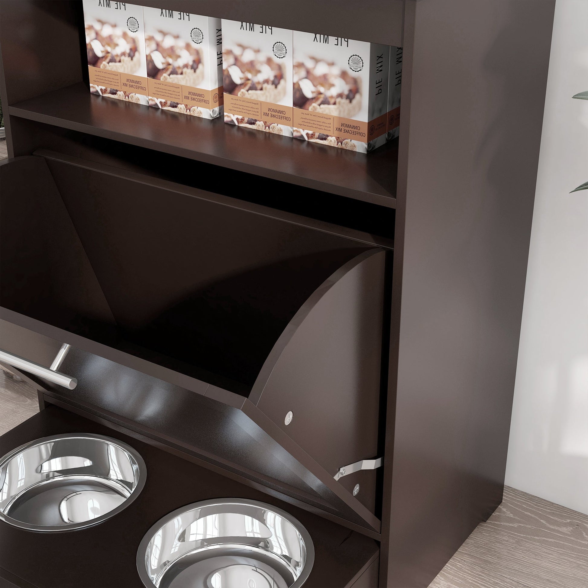 HKM-8958397 Pet Feeder Storage Cabinet with Removable Bowls and Leash Hooks, Gray MDF Construction