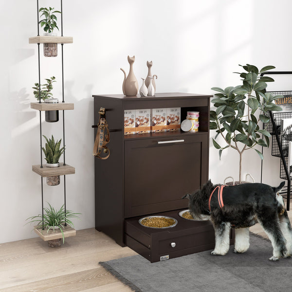 HKM-8958397 Pet Feeder Storage Cabinet with Removable Bowls and Leash Hooks, Gray MDF Construction