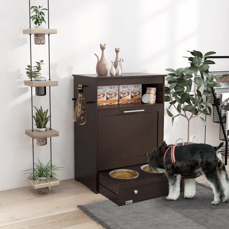 HKM-8958397 Pet Feeder Storage Cabinet with Removable Bowls and Leash Hooks, Gray MDF Construction